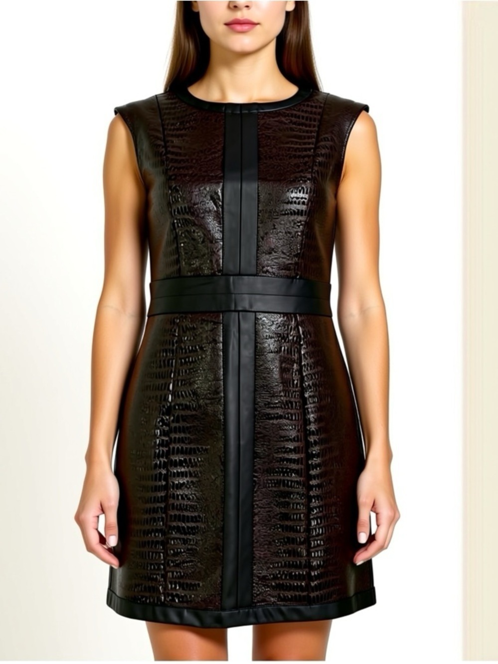 mark. Brown Black Faux Leather Sheath Dress Embossed Animal Print Size Medium